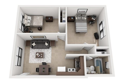 Floor plan for 2 beds, 1 bath, 634 sqft